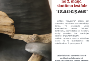 Vipes amatniecības centrā "Māzers" no 2. maija skatāma izstāde "IZAUGSME". Attēlā kreisajā pusē redzams izstādes eksponāta tuvplāns: tumša, viļņota virsma, kurā integrēti gaiši koka zari un gluds pelēks akmens. Izstāde "Izaugsme" stāsta par prasmēm, radošumu un neatlaidīgu darbu. Tā atspoguļo Vipes amatniecības centra "Māzers" dalībnieku, pasniedzēju un meistaru kopīgi paveikto, kur tradīcijas satiekas ar jaunām idejām. Izstādē redzams centra attīstības stāsts no tā izveidošanas līdz mūsdienām – 15 gadu garumā. Laipni aicināti apmeklēt izstādi un izjust radošo gaisotni Vipes amatniecības centrā "Māzers". Ieejas maksa: 2, - EUR, iepriekšējā pieteikšanās zvanot: 29283717.