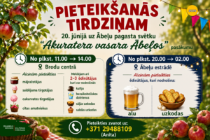 Afiša aicina tirgotājus pieteikties 20. jūnija Ābeļu pagasta svētku “Akurātera vasara Ābeļos” pasākumam. Attēlā redzamas ābeles ar sarkanām ābolām un svētku virtenes. Pasākums sadalīts divās daļās: no plkst. 11.00 līdz 14.00 Brodu centrā aicina mājrāžotājus, saldējuma, cukurvates tirgotājus, citus amatniekus un 2-3 ēdinātājus, kas nodrošinās kafiju, bezalkoholiskos dzērienus, sāļās un saldās uzkodas. No plkst. 20.00 līdz 02.00 Ābeļu estrādē aicina ēdinātājus, kas piedāvās alu un uzkodas. Pieteikšanās pa tālruni: +371 29488109 (Anita). Apakšā "Jēkabpils novada Kultūras pārvalde". Augšējā labajā stūrī aplis ar "2026".