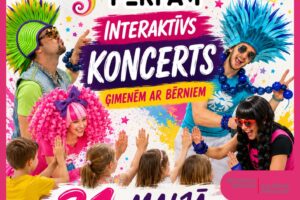 Krāsains plakāts reklamē "PERFAM INTERAKTĪVS KONCERTS ĢIMENĒM AR BĒRNIEM", attēlojot četrus pieaugušos košos tērpos ar parūkām, kuri dejo un mijiedarbojas ar bērniem, kuri priecīgi paceļ rokas. Koncerts notiks 31. maijā plkst. 15.00 Mežāres Tautas namā. Ieejas maksa: bez maksas. Plakāts sola oriģinālās dziesmas, dejas aktivitātes, košus varoņus, aizraujošu šovu un pārsteigumus, mijiedarbību ar skatītājiem, prieku, smieklus un labu noskaņu.