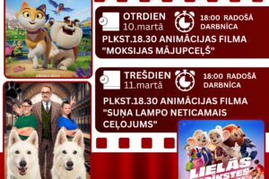 Plakāts, kas aicina uz radošajiem kino vakariem Jēkabpils Tautas nama kamerzālē skolēnu brīvlaikā. Attēloti trīs animācijas filmu plakāti un norādīta programma. Otrdien, 10. martā: plkst. 18:00 radošā darbnīca, plkst. 18:30 animācijas filma "Moksijas mājuceļš". Trešdien, 11. martā: plkst. 18:00 radošā darbnīca, plkst. 18:30 animācijas filma "Suņa Lampo neticamais ceļojums". Ceturtdien, 12. martā: plkst. 18:00 radošā darbnīca, plkst. 18:30 animācijas filma "Lielās sacīkstes cauri Eiropai". Materiāli radošajām darbnīcām tiks nodrošināti, vietu skaits ierobežots! Biļetes Jēkabpils Tautas nama kasē. Cena 5,- EUR.