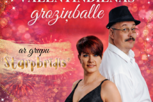 Pasākuma plakāts ar sarkanu, mirdzošu fonu un sirdīm, attēlojot smaidīgu sievieti melnā kleitā un vīrieti baltā kreklā ar melnu cepuri. Plakātā redzams teksts: JĒKABPILS NOVADA KULTŪRAS PĀRVALDE. Spungēnu Tautas namā 14. februārī plkst. 21.00. VALENTĪNDIENAS groziņballe ar grupu "Starpbrīdis". Ieejas maksa ballē 10,00 EUR. Uzzinām - 26607259. Pasākuma laikā var tikt fotografēts un filmēts, materiāli informatīvos nolūkos var tikt publicēti novada mājaslapā, informatīvajos izdevumos un citos sociālajos tīklos. 2026.