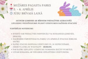 Plakāts Lieldienu kvestam "Zaķa Noslēpumu Parks", ko organizē Mežāres Tautas Nams sadarbībā ar Mežāres Bibliotēku Jēkabpils Novads. Pasākums notiks Mežāres Pagasta Parkā 5. - 6. aprīlī jūsu brīvajā laikā. Plakāts aicina ģimenes ar bērniem piedalīties aizraujošā Lieldienu piedzīvojumā, pildot uzdevumus dažādās stacijās. Vispārīgie noteikumi: Kvestā var piedalīties individuāli vai komandās (ģimenes, draugi). Dalībnieki pārvietojas pa parku un apmeklē stacijas jebkurā secībā. Katrā stacijā jāizpilta uzdevums un, ja nepieciešams, jāiesūta atbilde WhatsApp- 28286295. Par katru izpildītu uzdevumu komanda iegūst punktus. Uzvar komanda ar visvairāk izpildītiem uzdevumiem. Plakāts dekorēts ar baltiem ziediem, zaļām lapām, krāsainām Lieldienu olām un vairākiem stilizētiem zaķu siluetiem. Ir iekļauts arī paziņojums "Pārsteigumi čaklākajiem dalībniekiem! (Mēs ar jums sazināsimies)" un aicinājums "Nāc un priecāj...