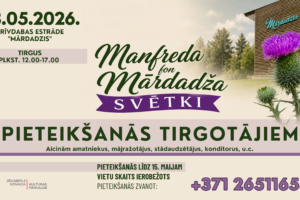 Pasākuma plakāts ar lielu purpursarkanu dadža ziedu un koka ēku ar uzrakstu "Mārdadzis" fonā. Teksts: 23.05.2026. BRĪVDABAS ESTRĀDE "MĀRDADZIS". TIRGUS PLKST. 12.00-17.00. Manfreda fon Mārdadža SVĒTKI. PIETEIKŠANĀS TIRGOTĀJIEM. Aicinām amatniekus, mājražotājus, stādaudzētājus, konditorus, u.c. PIETEIKŠANĀS LĪDZ 15. MAIJAM. VIETU SKAITS IEROBEŽOTS. PIETEIKŠANĀS ZVANOT: +371 26511654. Apakšā Jēkabpils novada Kultūras pārvaldes logo.