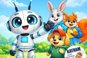 Plakāts leļļu izrādei "Leļļu izrāde bērniem Robotins Mi KURŠ VISU DARA CITU VIETĀ". Tajā attēlots draudzīgs balts un zils robots, kas sveicina, kā arī balts trusis, oranža vāvere un brūns kucēns. Plakātā norādīts: "6. MARTĀ 18:00 JĒKABPILS T/N", "BIĻETES: BIĻEŠU PARADĪZES KASĒS" un "PĒC IZRĀDES GARŠ PĀRSTEIGUMS!". Blakus attēlota "Alma" biezpiena sieriņa paciņa ar tekstu "KATRAM ALMA BIEZPIENA SIERIŅŠ". Apakšdaļā redzami uzraksti "TEĀTRIS UN ES", "WWW.IZRADESBERNIEM.LV" un "BIĻEŠU PARADĪZE".