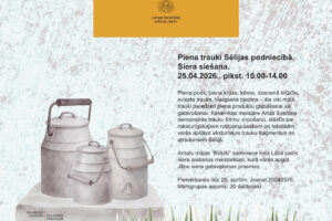Plakāts pasākumam "Satiec savu meistaru! 2026", ko organizē Latvijas Nacionālais kultūras centrs. Plakāta centrā attēloti trīs dažādu izmēru tradicionāli pelēki piena trauki ar vākiem un rokturiem, kas novietoti uz akmens pamatnes, apakšā redzama zaļa zāle. Teksts labajā pusē informē par pasākumu "Piena trauki Sēlijas podniecībā. Siera siešana." 2026. gada 25. aprīlī no plkst. 10.00 līdz 14.00. Keramikas meistare Anda Svarāne demonstrēs trauku virpošanu un stāstīs par Sēlijas traukiem, savukārt Inita Lāce no amatu mājas "Rūķīši" vadīs siera siešanas meistarklasi, kurā varēs apgūt Jāņu siera gatavošanas prasmes. Pieteikšanās līdz 20. aprīlim, zvanot 29240576, mērķgrupas apjoms: 30 dalībnieki. Plakāta apakšā ir nelielas fotogrāfijas, kas ilustrē dažādas amatniecības — dūdu spēlēšana, māla apstrāde un aušana, kā arī tīmekļa vietnes adrese satiecsavumeistaru.lv un Jēkabpils novada Kultūras pārvaldes ...