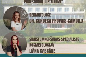 Plakāts ar ViduDaugavas Senioru Universitātes logo, aicinot uz Salas filiāles rīkotu izglītojošu un praktisku tikšanos "Sejas ādas kopšana pēc 50+, profesionāļu ieteikumi". Plakātā redzamas dermatoloģe Dr. Gundega Provais-Samuilo un skaistumkopšanas speciāliste kosmetoloģijā Liāna Gabrāne. Pasākums notiks 13. aprīlī plkst. 11:00 Salas Tautas namā, Skolas ielā 2. Kontakti: +371 26 526 895, info@vidusdaugavasnvo.lv. Pasākumu finansiāli atbalsta Sabiedrības integrācijas fonds no Latvijas valsts budžeta līdzekļiem.