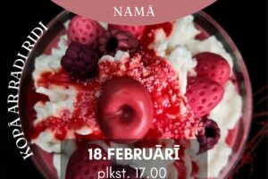 Pasākuma plakāts ar uzrakstu "SOJAS VASKA SVEČU RADOŠĀ DARBNĪCA GĀRSENES TAUTAS NAMĀ KOPĀ AR RADI RIDI". Plakāta centrā redzama svece glāzē, kas izskatās pēc deserta ar baltu krēmu, sarkanu mērci un ogu formas elementiem. Zem attēla lasāms teksts: "18. FEBRUĀRĪ plkst. 17.00. Biļetes cena: 7,- EUR. PIETEIKŠANĀS LĪDZ 17. FEBRUĀRIM. 26318640". Apakšā redzami Jēkabpils novada Kultūras pārvaldes logotipi un informatīvs paziņojums: "PASĀKUMA LAIKĀ VAR TIKT FOTOGRAFĒTS UN FILMĒTS, MATERIĀLI INFORMATĪVOS NOLŪKOS VAR TIKT PUBLICĒTI NOVADA MĀJASLAPĀ, INFORMATĪVAJOS IZDEVUMOS UN CITOS SOCIĀLAJOS TĪKLOS".