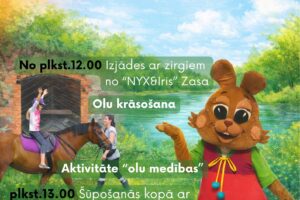 Plakāts aicina uz Lieldienu pasākumu "Dignājas skolas sporta laukumā Lieldienu jampadracis 5. aprīlī plkst. 12.00". Attēlā redzams bērns, kas jāj ar zirgu, Lieldienu zaķa kostīmā tērpies cilvēks un krāsainas olas zālē, saulainā ainavā ar kokiem un ūdeni. Pasākuma programma ietver: "No plkst. 12.00 Izjādes ar zirgiem no "NYX&Iris" Zasa", "Olu krāsošana", "Aktivitāte "olu medības"", "plkst. 13.00 Šūpošanās kopā ar folkloras kopu "Dignojīši"", "plkst. 14.00 Muzikālā rotaļu programma "Lieldienu prieka grozs"". "Bez ieejas maksas". Augšējā labajā stūrī "JĒKABPILS NOVADA KULTŪRAS PĀRVALDE" logotips. Apakšā mazā drukā rakstīts: "Pazemojuma laikā, var tikt fotografēts un filmēts, materiāli informatīvos nolūkos var tikt publicētinovada mājas lapā, informatīvegas materialos uncietos soicālojs tikos.
