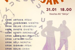 Plakāts ar informāciju par deju sadanci “KLABERJAKTS”. Fonā redzami stilizēti dejotāju silueti purpurkrāsā un dinamiskas bultu un U burtu formas. Teksts vēsta: DEJU SADANCIS KLABERJAKTS, 31.01 18.00, Viesītes KC “Sēlija”. Piedalās VPDK ARTAVA /RĪGA/, VPDK AUGŠZEME /VIESĪTE/, VPDK DELVE /JĒKABPILS/, VPDK DVIETE /DVIETE/, VPDK DZIETI /BREŅGUĻI/, VPDK LAIMA /DAUGAVPILS/, VPDK LETKISS /SALA/, VPDK SĒĻI /NERETA/, VPDK SIDRABI /RĪGA/, VPDK SOLIS /ZASA/, VPDK ZALKTIS /RĪGA/. Sadanci izspēlēs: Viesītes Amatierteātris “VĒRIS”. IEEJA BEZ MAKSAS.